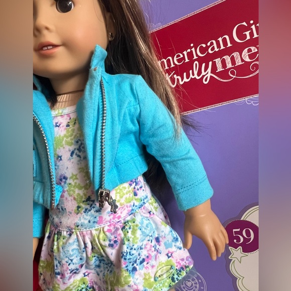 American Girl Doll Blue Jacket Floral Dress Earrings Truly in Box - Picture 11 of 12